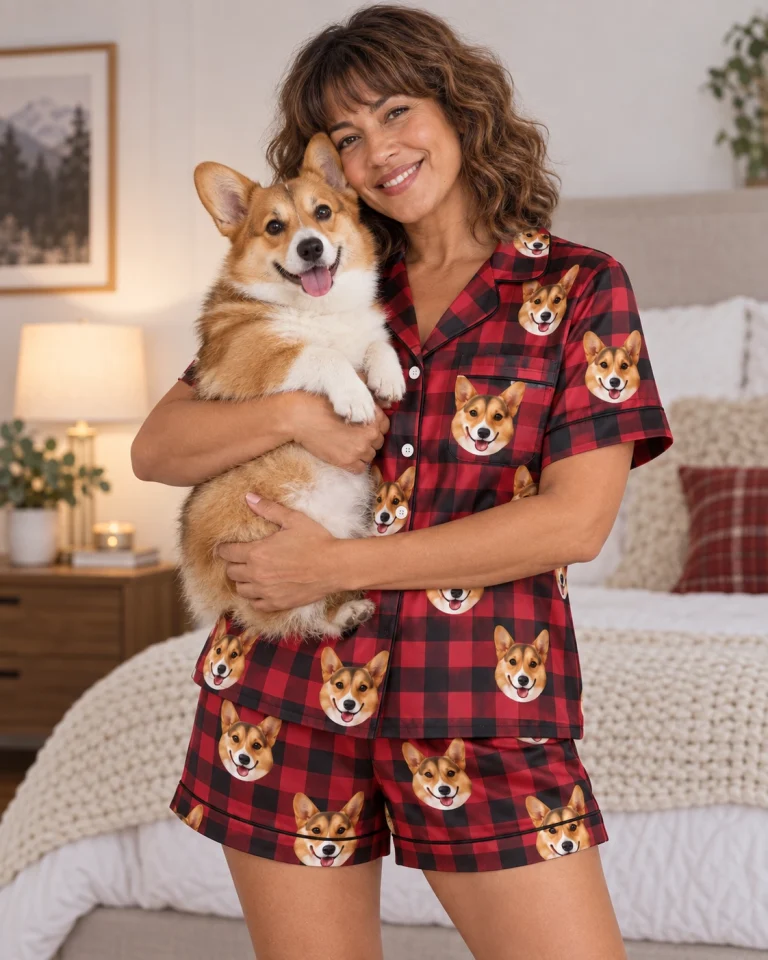 Woman in a satin pajamas for women holding her corgi — MyDogPics