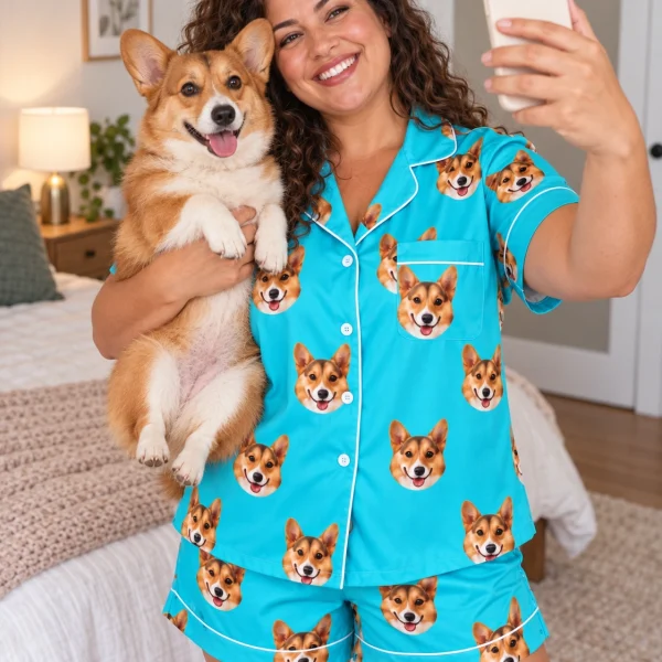 Woman in a satin pajamas for women holding her corgi — MyDogPics