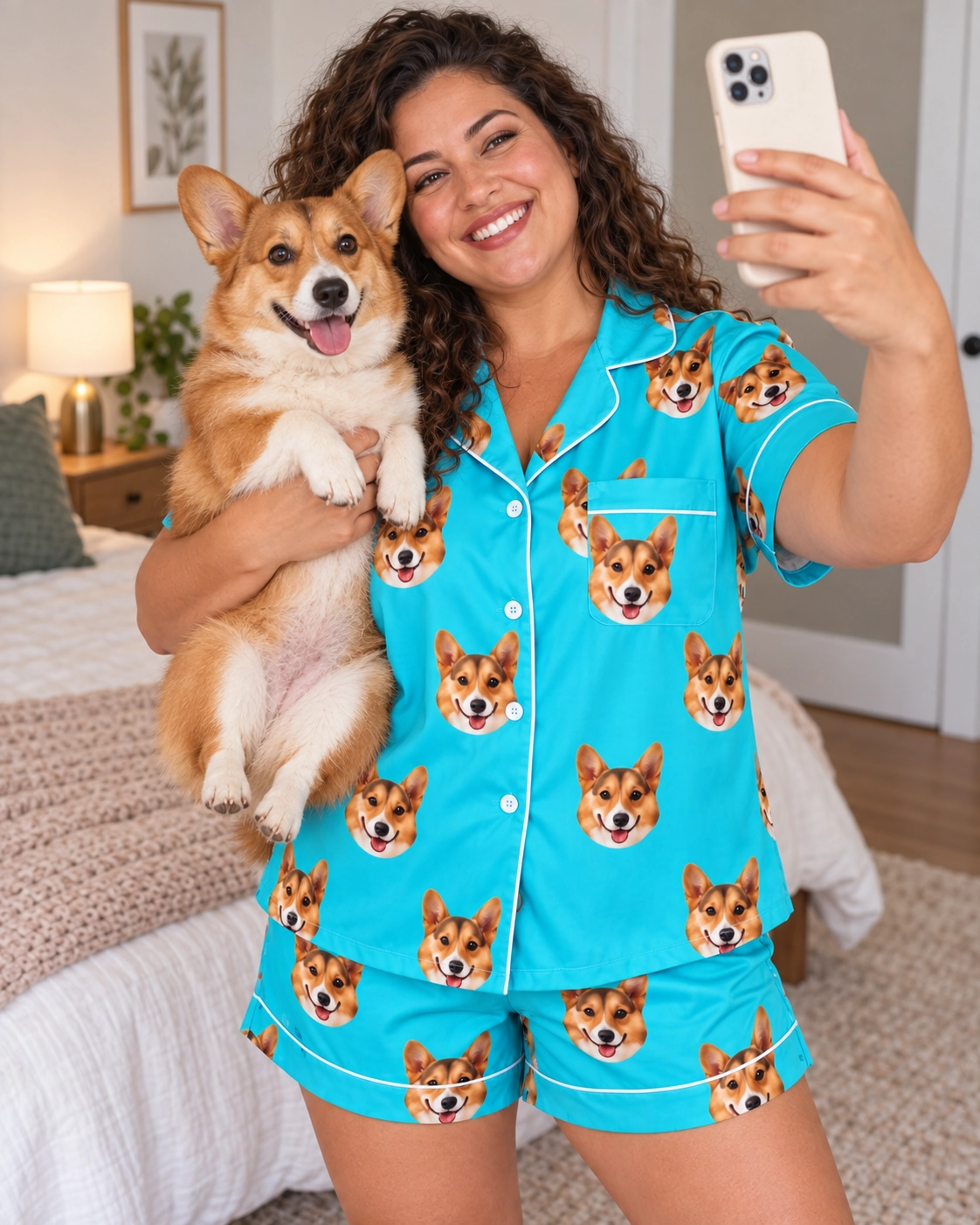 Satin Pajamas for Women – Holding Dog, Teal | MyDogPics Woman in a satin pajamas for women holding her corgi — MyDogPics