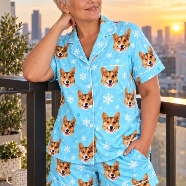 Woman posing in a satin pajamas for women, tan-and-white corgi faces on light blue snowflake satin — MyDogPics