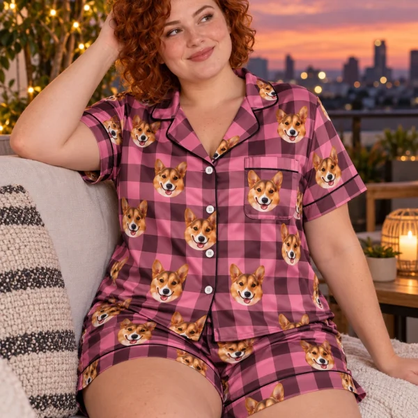 Woman sitting in a satin pajamas for women covered in tan-and-white corgi faces — MyDogPics