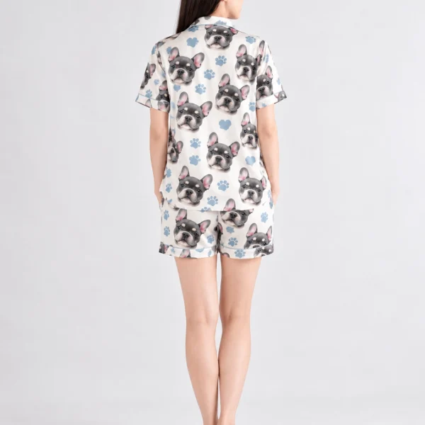 Back view of a satin short pajama set: the print continues all the way round — MyDogPics