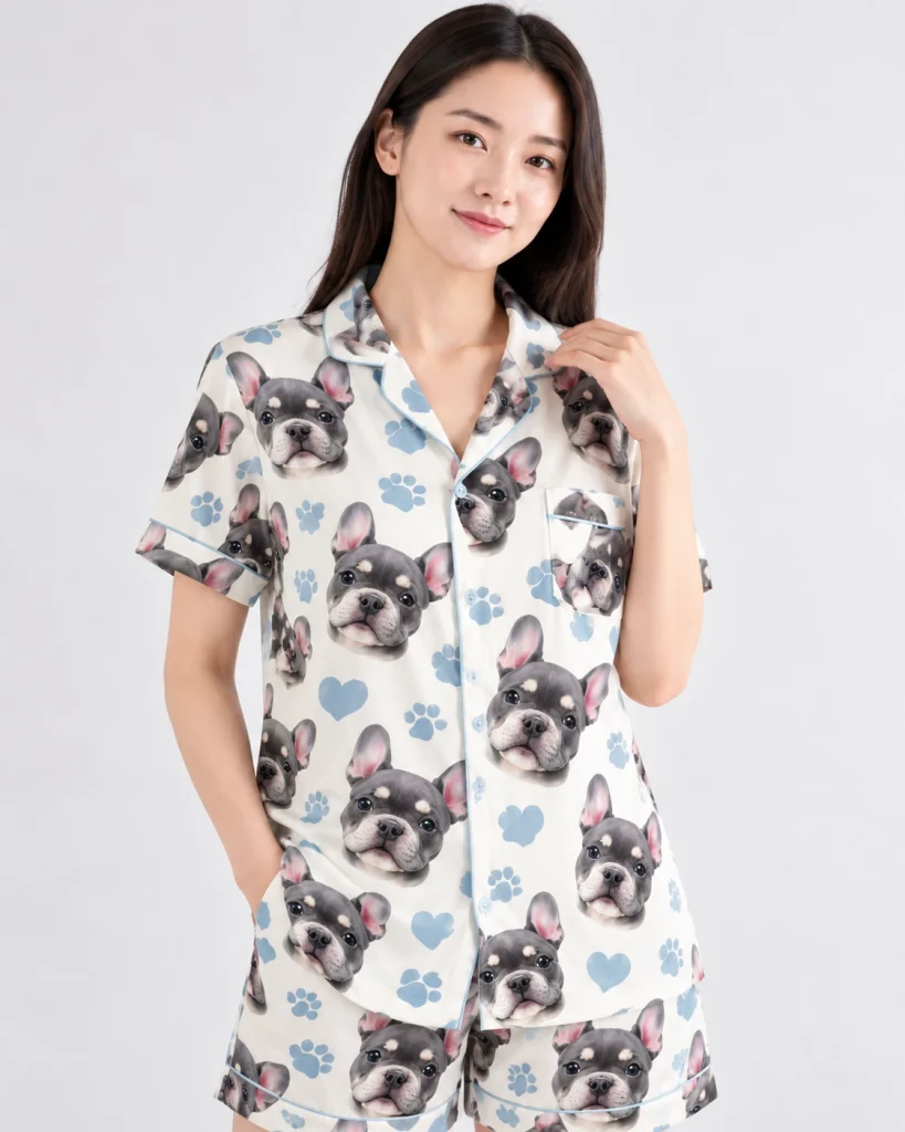 Close-up of the satin short pajama set print: grey French bulldog faces on cream satin with blue hearts — MyDogPics