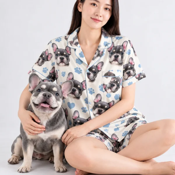 Woman in a satin short pajama set cuddling her French bulldog — MyDogPics