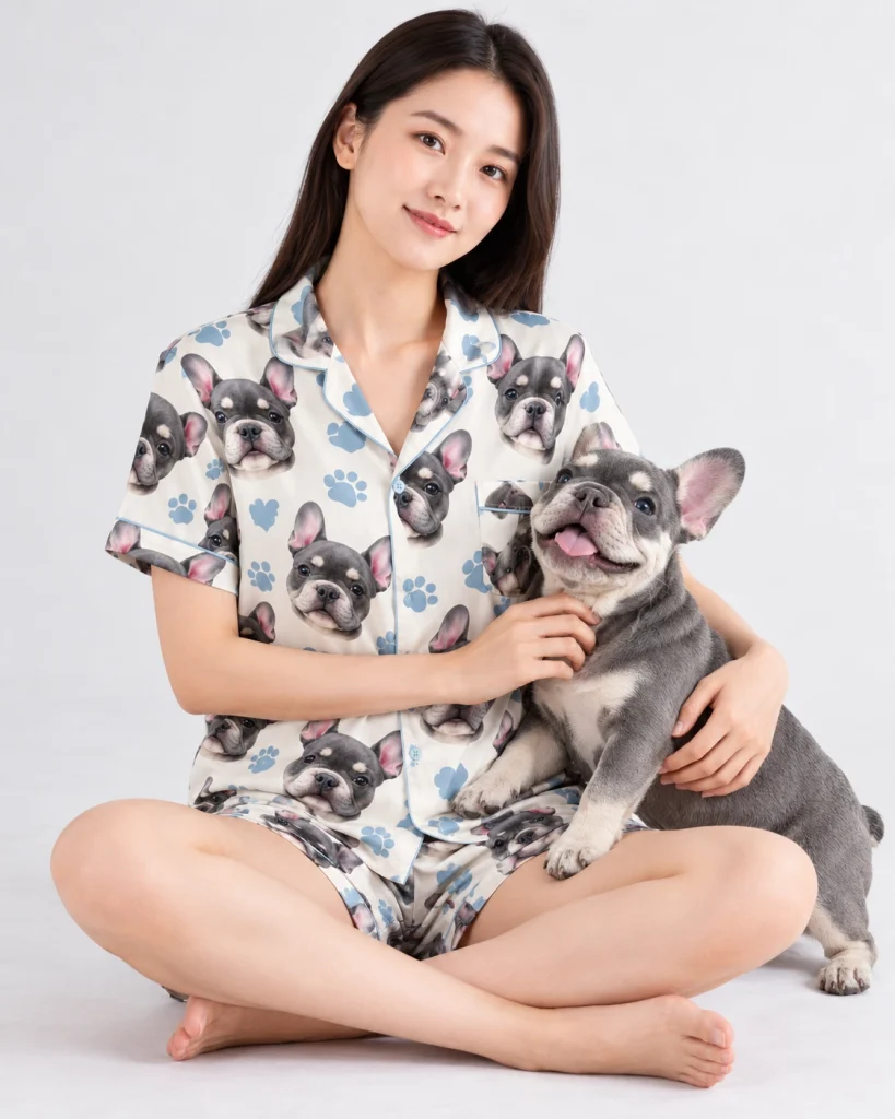 Woman in a satin short pajama set cuddling her French bulldog — MyDogPics