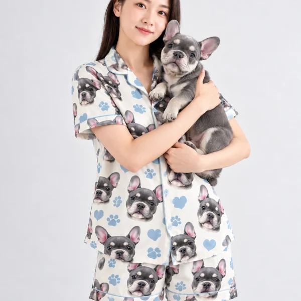 Woman in a satin short pajama set holding her French bulldog — MyDogPics