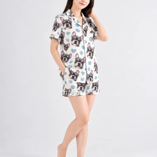 Side view of a satin short pajama set with grey French bulldog faces on cream satin with blue hearts — MyDogPics