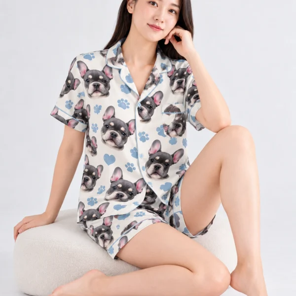 Woman sitting in a satin short pajama set covered in grey French bulldog faces — MyDogPics