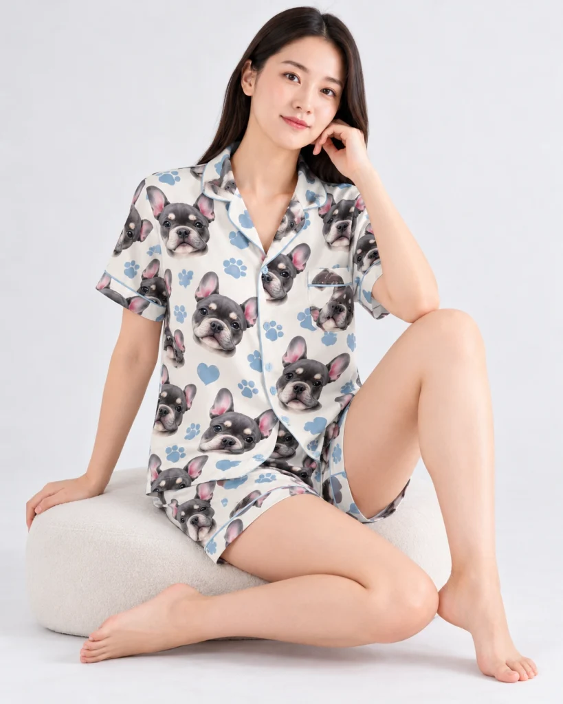 Woman sitting in a satin short pajama set covered in grey French bulldog faces — MyDogPics