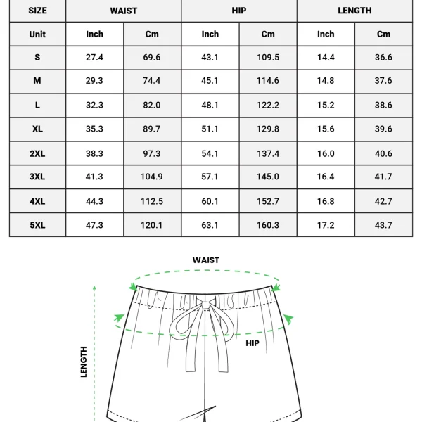 Satin short pajama set size chart — loose shorts (S–5XL) in inches and cm — MyDogPics