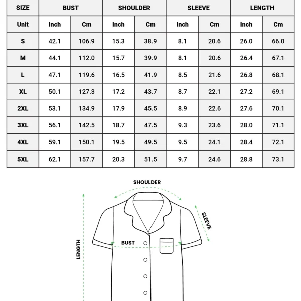 Satin short pajama set size chart — top, loose-shorts style (S–5XL) in inches and cm — MyDogPics