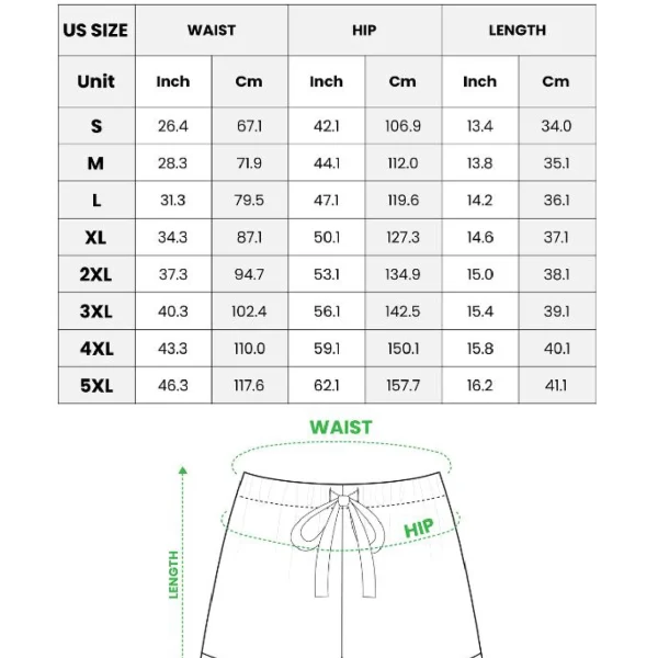 Satin short pajama set size chart — shorts, no-pocket style (S–5XL) in inches and cm — MyDogPics