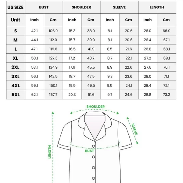 Satin short pajama set size chart — top, no-pocket style (S–5XL) in inches and cm — MyDogPics