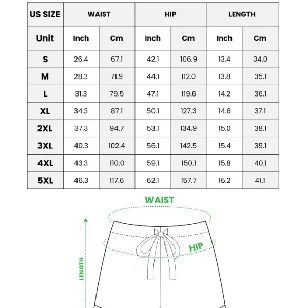 Satin short pajama set size chart — shorts (S–5XL) in inches and cm — MyDogPics