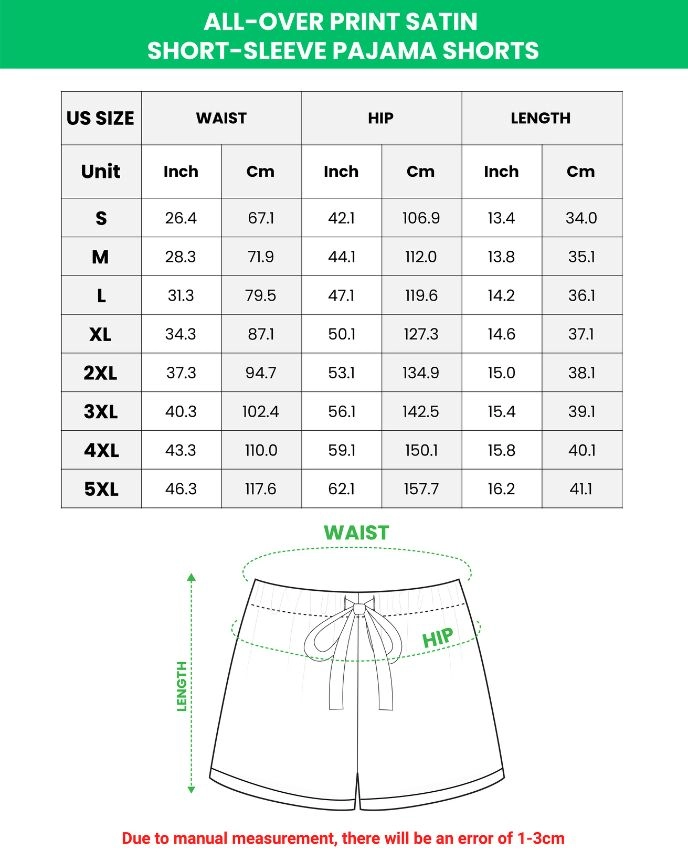 Satin short pajama set size chart – shorts (S–5XL) | MyDogPics Satin short pajama set size chart — shorts (S–5XL) in inches and cm — MyDogPics