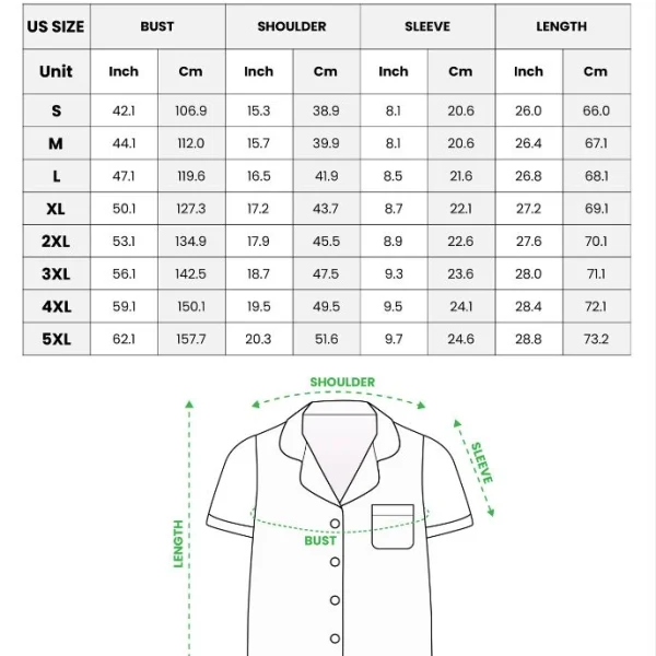 Satin short pajama set size chart — short-sleeve top (S–5XL) in inches and cm — MyDogPics