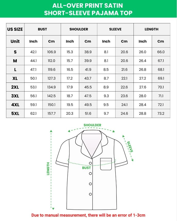 Satin short pajama set size chart – short-sleeve top (S–5XL) | MyDogPics Satin short pajama set size chart — short-sleeve top (S–5XL) in inches and cm — MyDogPics