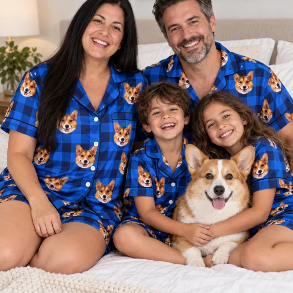 Woman and family in matching short pajama set with tan-and-white corgi faces on blue plaid satin — MyDogPics