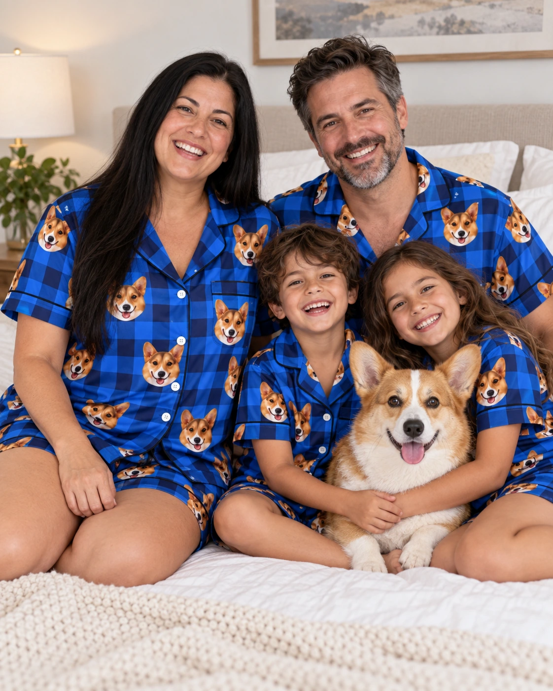 Short Pajama Set – Family, Blue Plaid | MyDogPics Woman and family in matching short pajama set with tan-and-white corgi faces on blue plaid satin — MyDogPics
