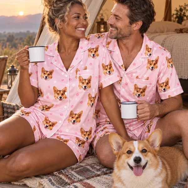 Woman and her partner in matching short pajama set with tan-and-white corgi faces on blush pink paw-print satin — MyDogPics