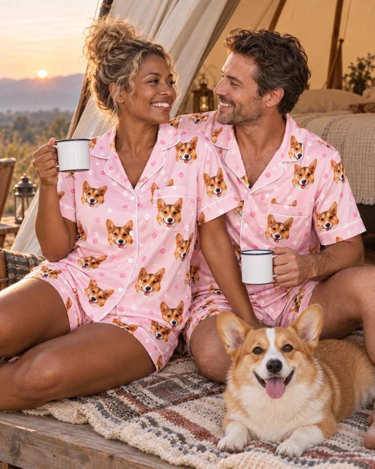Woman and her partner in matching short pajama set with tan-and-white corgi faces on blush pink paw-print satin — MyDogPics