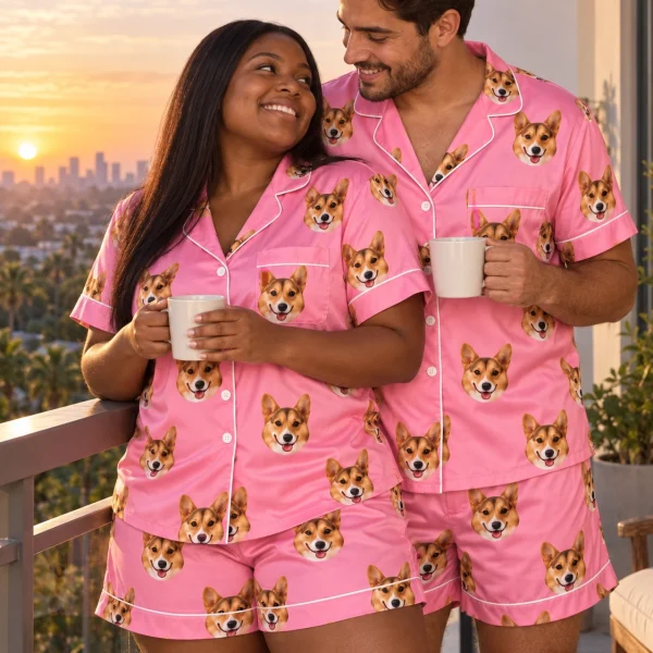 Woman and her partner in matching short pajama set with tan-and-white corgi faces on pink satin — MyDogPics