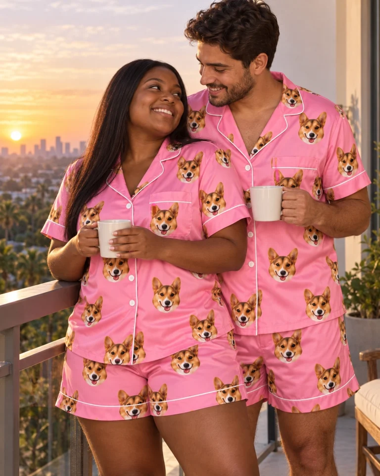 Woman and her partner in matching short pajama set with tan-and-white corgi faces on pink satin — MyDogPics