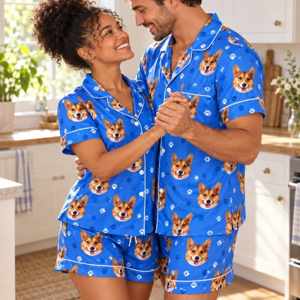 Woman and her partner in matching short pajama set with tan-and-white corgi faces on royal blue paw-print satin — MyDogPics