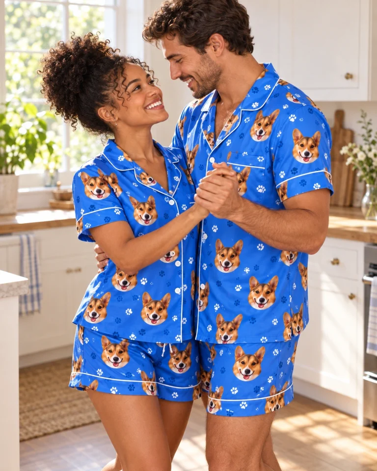 Woman and her partner in matching short pajama set with tan-and-white corgi faces on royal blue paw-print satin — MyDogPics