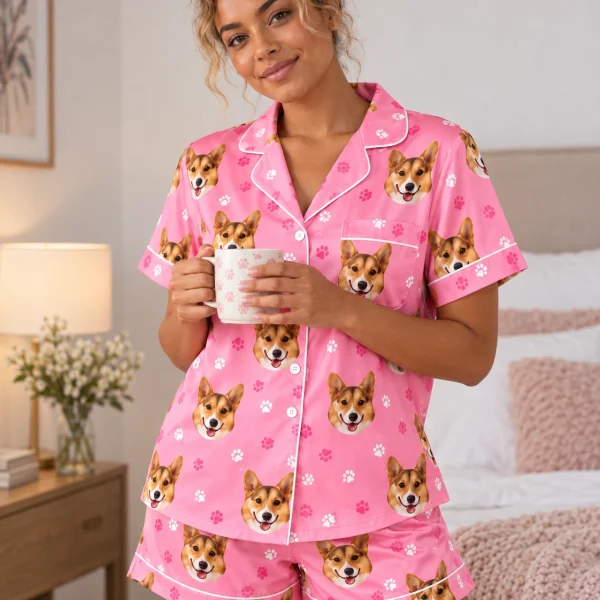 Woman wearing a short pajama set covered in tan-and-white corgi faces on pink paw-print satin — MyDogPics