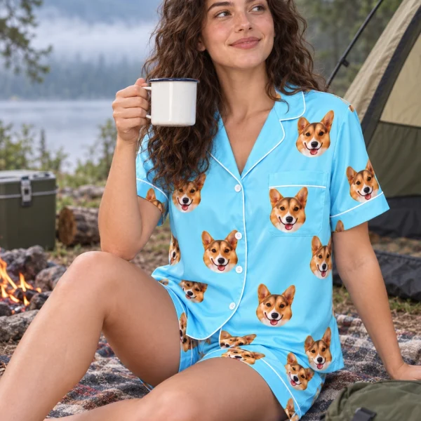 Woman sitting in a short pajama set covered in tan-and-white corgi faces — MyDogPics