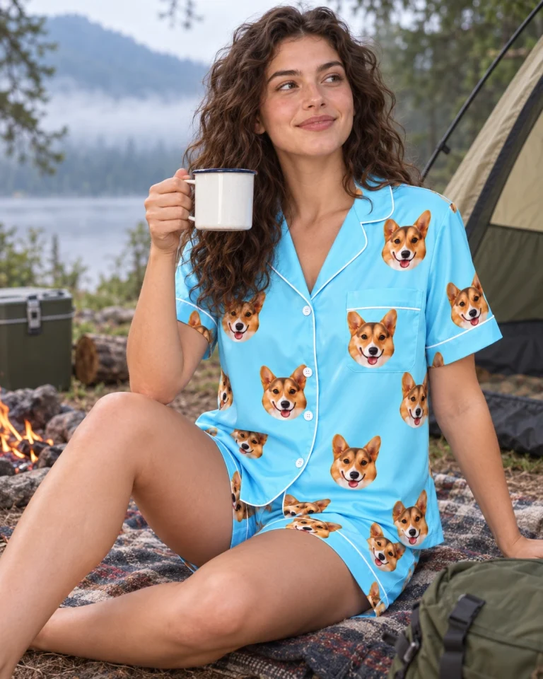 Woman sitting in a short pajama set covered in tan-and-white corgi faces — MyDogPics