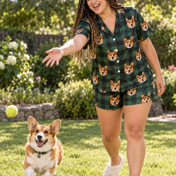 Woman in a short pajama set with her corgi — MyDogPics