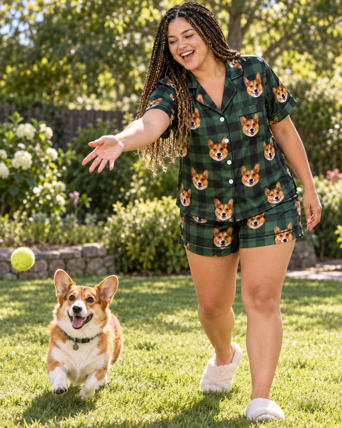 Short Pajama Set – With Dog, Green Plaid | MyDogPics Woman in a short pajama set with her corgi — MyDogPics
