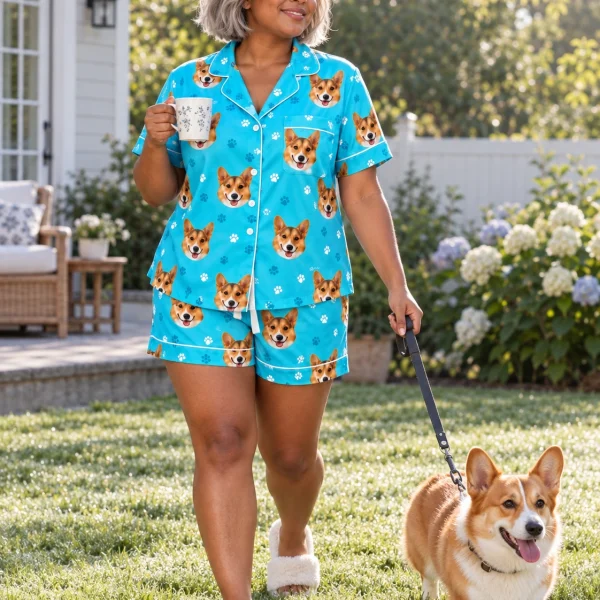 Woman in a short pajama set with her corgi — MyDogPics
