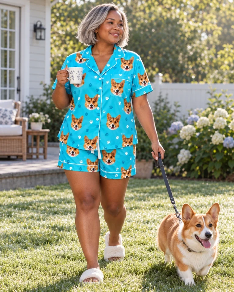 Woman in a short pajama set with her corgi — MyDogPics