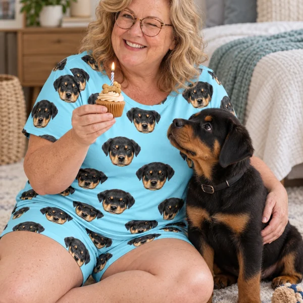 Woman in short sleeve pajamas cuddling her Rottweiler puppy — MyDogPics