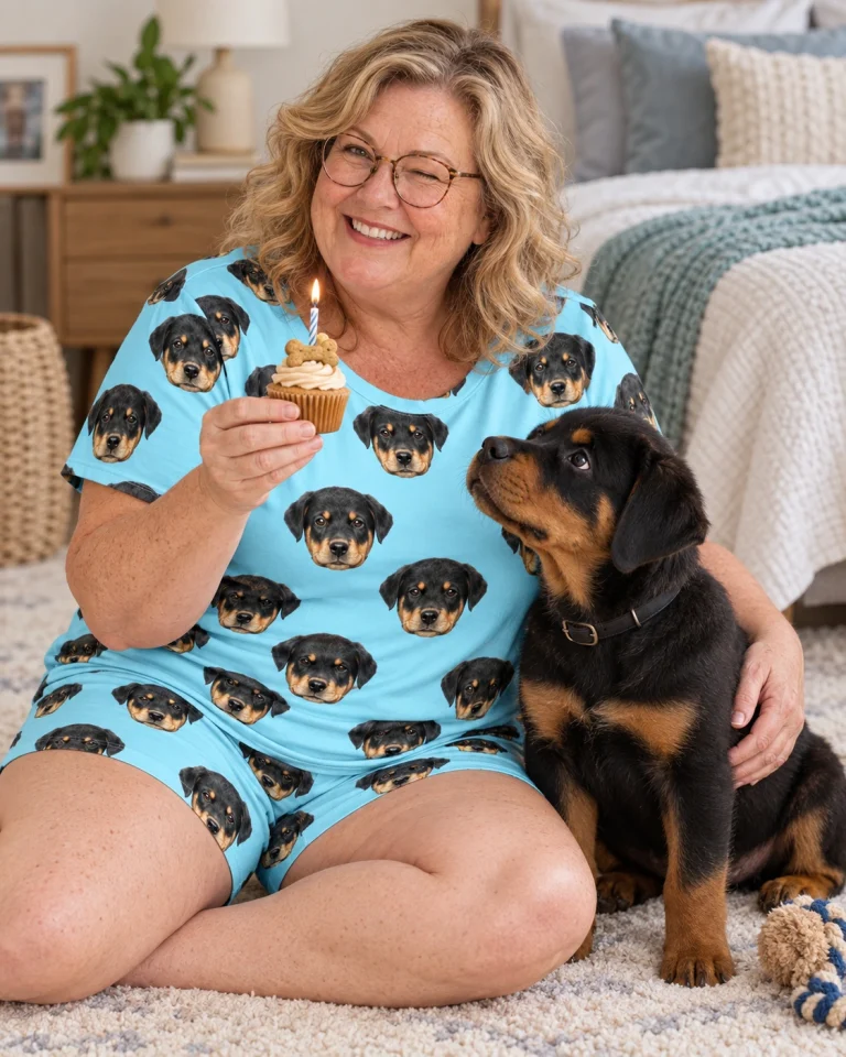 Woman in short sleeve pajamas cuddling her Rottweiler puppy — MyDogPics