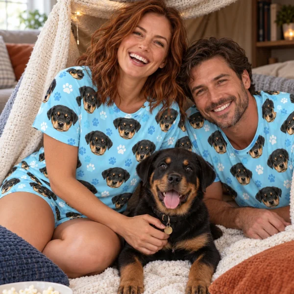 Woman and her partner in matching short sleeve pajamas with Rottweiler puppy faces on light blue paw-print fabric — MyDogPics