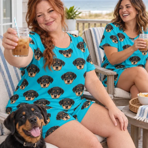 Woman and a friend in matching short sleeve pajamas with Rottweiler puppy faces on teal fabric — MyDogPics