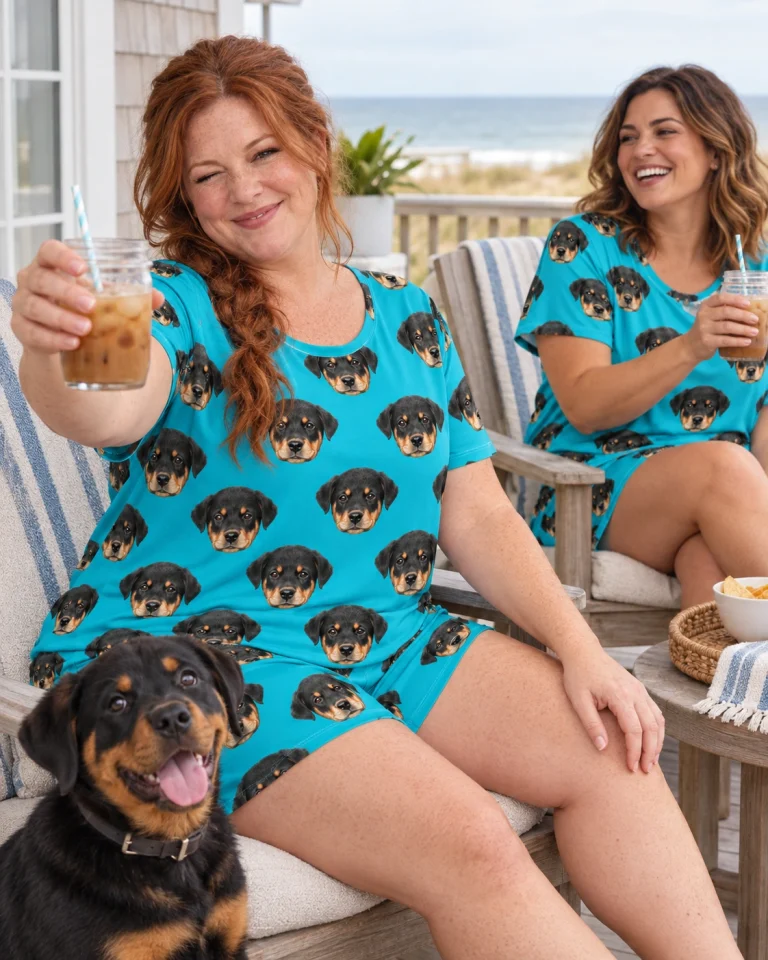 Woman and a friend in matching short sleeve pajamas with Rottweiler puppy faces on teal fabric — MyDogPics