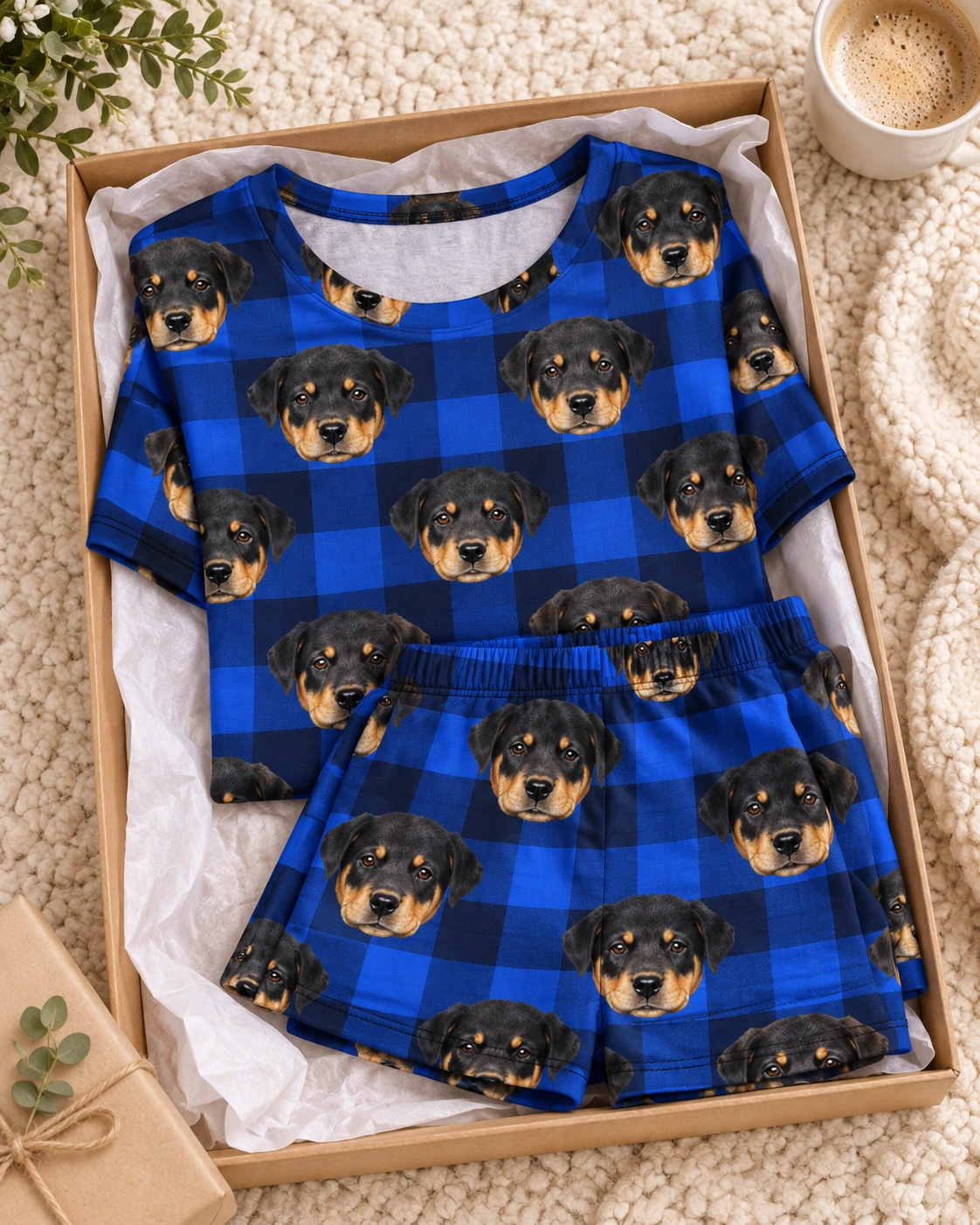 Short Sleeve Pajamas – Flat Lay, Blue Plaid | MyDogPics Flat lay of short sleeve pajamas: shirt and shorts covered in Rottweiler puppy faces — MyDogPics