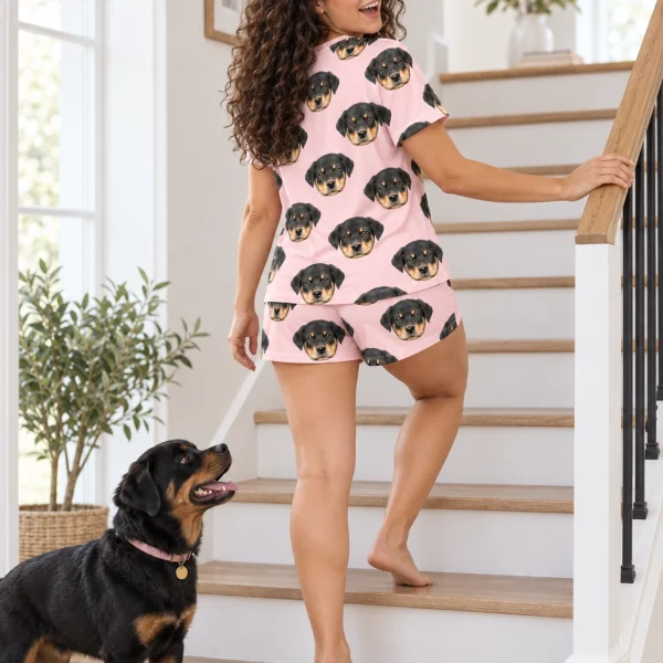 Woman in short sleeve pajamas with her Rottweiler puppy — MyDogPics