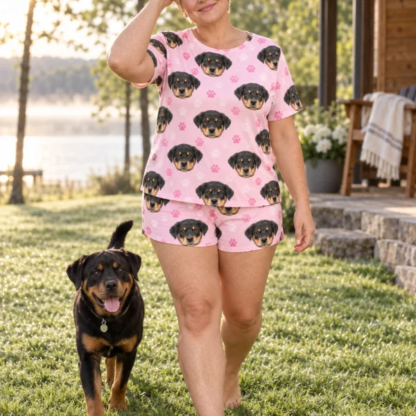 Woman in short sleeve pajamas with her Rottweiler puppy — MyDogPics