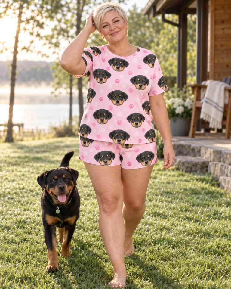 Woman in short sleeve pajamas with her Rottweiler puppy — MyDogPics
