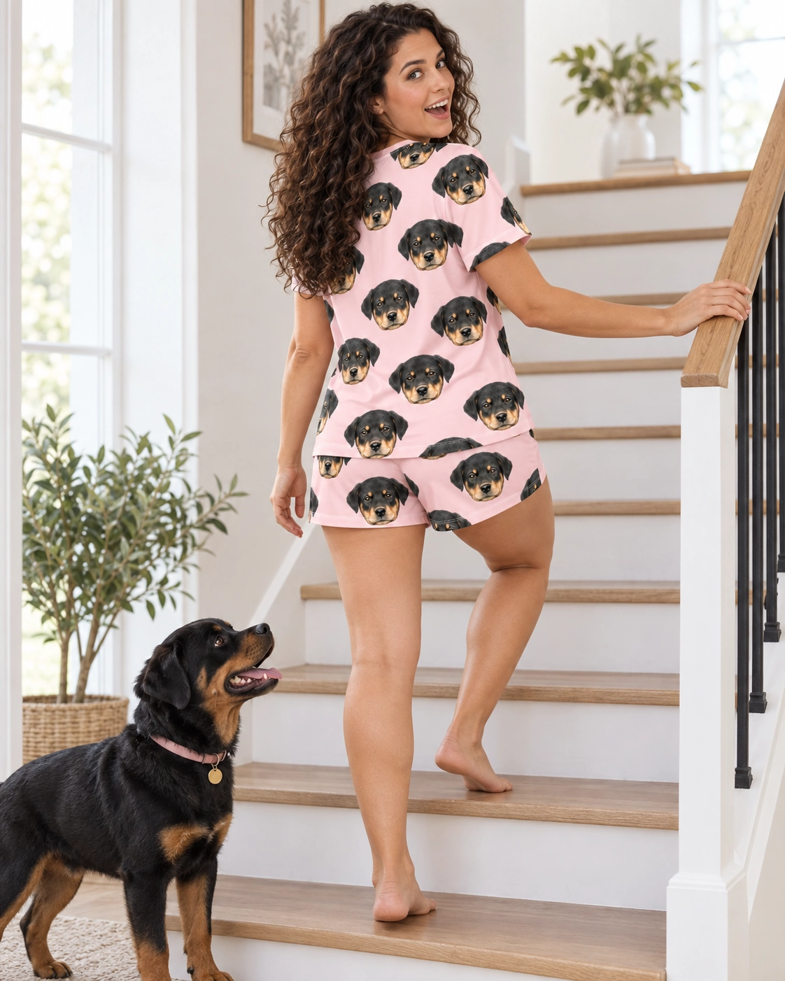 Short Sleeve Pajamas – With Dog, Blush Pink | MyDogPics Woman in short sleeve pajamas with her Rottweiler puppy — MyDogPics