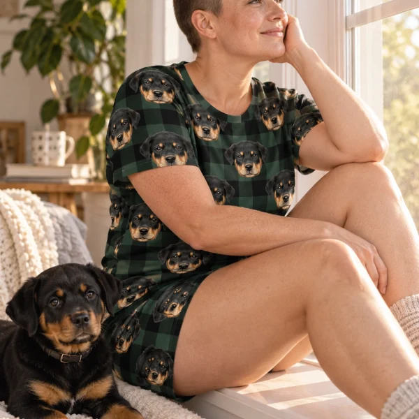 Woman in short sleeve pajamas with a Rottweiler — MyDogPics