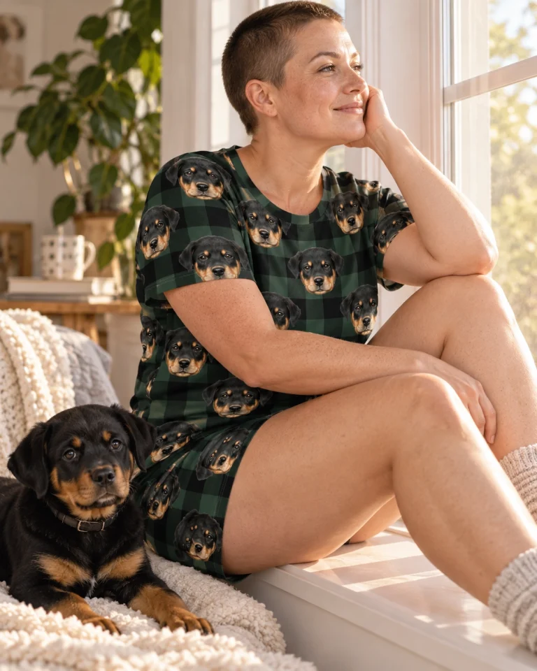 Woman in short sleeve pajamas with a Rottweiler — MyDogPics