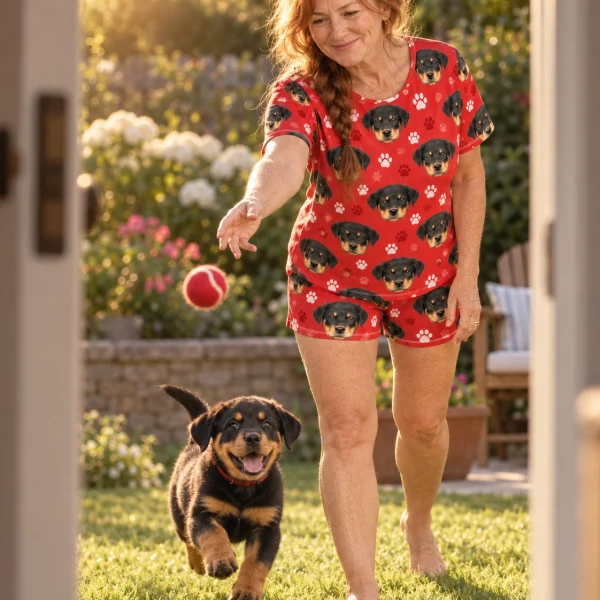 Woman in short sleeve pajamas with her Rottweiler puppy — MyDogPics