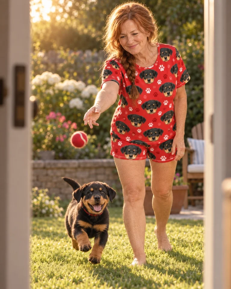 Woman in short sleeve pajamas with her Rottweiler puppy — MyDogPics